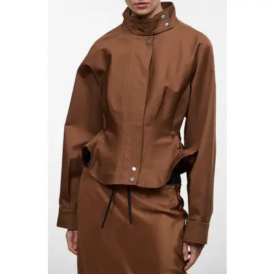 STAUD Archie Cotton Utility Leather Trim Jacket in Cigar at Nordstrom, Size Medium | Nordstrom