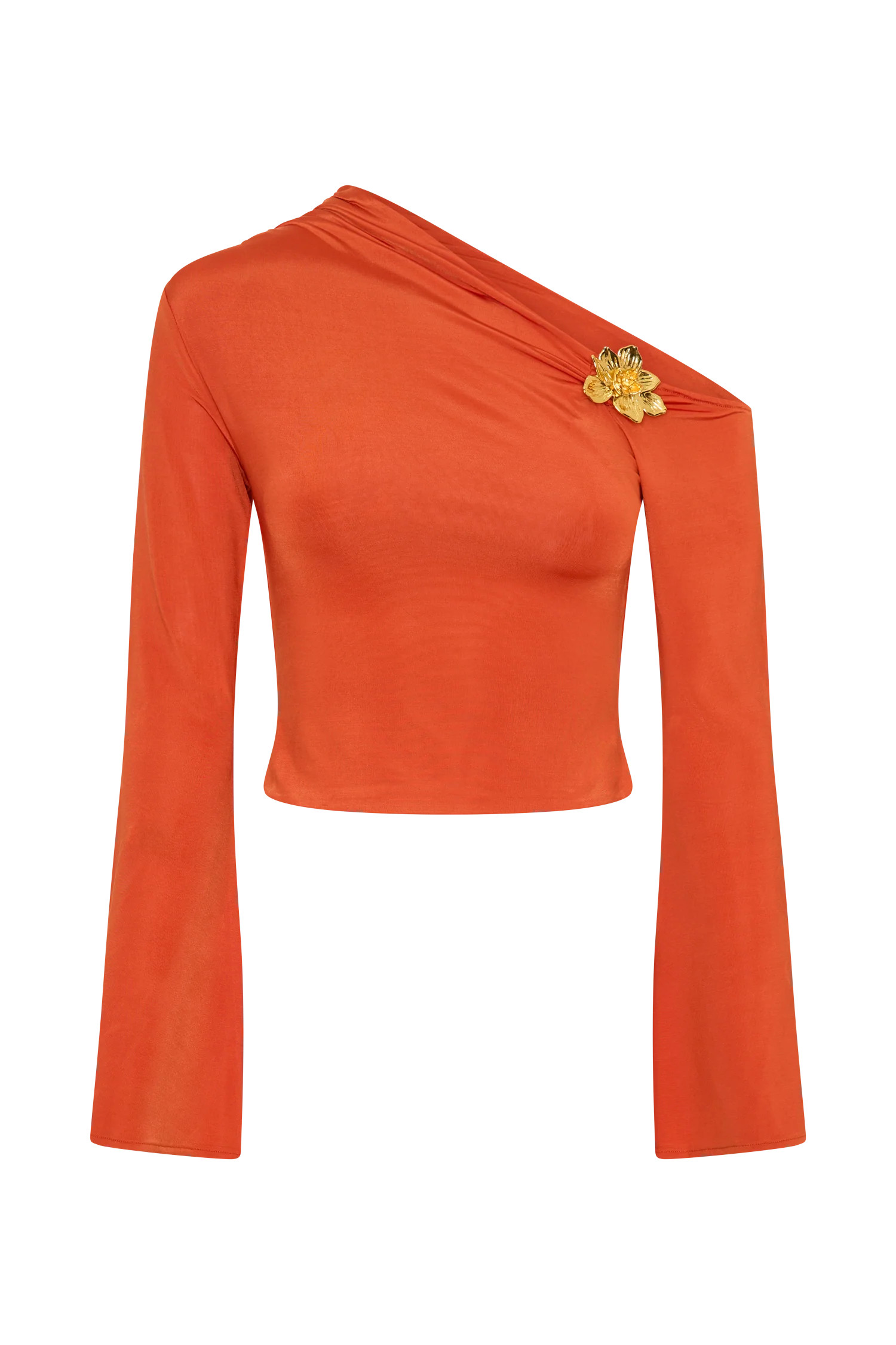 Ainsley Asymmetrical Long Sleeve Top With Floral Hardware - Burnt Oran | Meshki (APAC)
