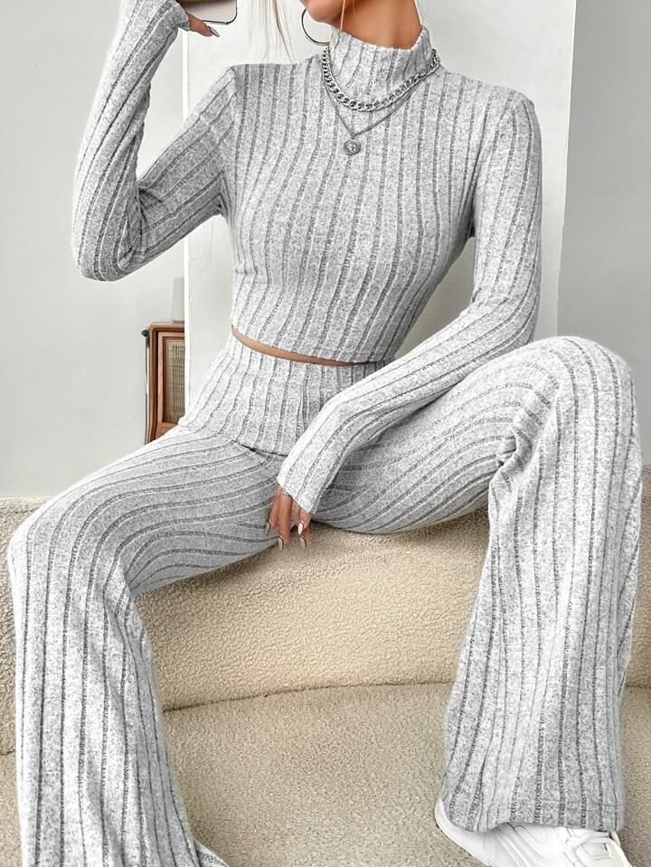 SHEIN EZwear Mock Neck Crop Tee & Flare Leg Pants | SHEIN