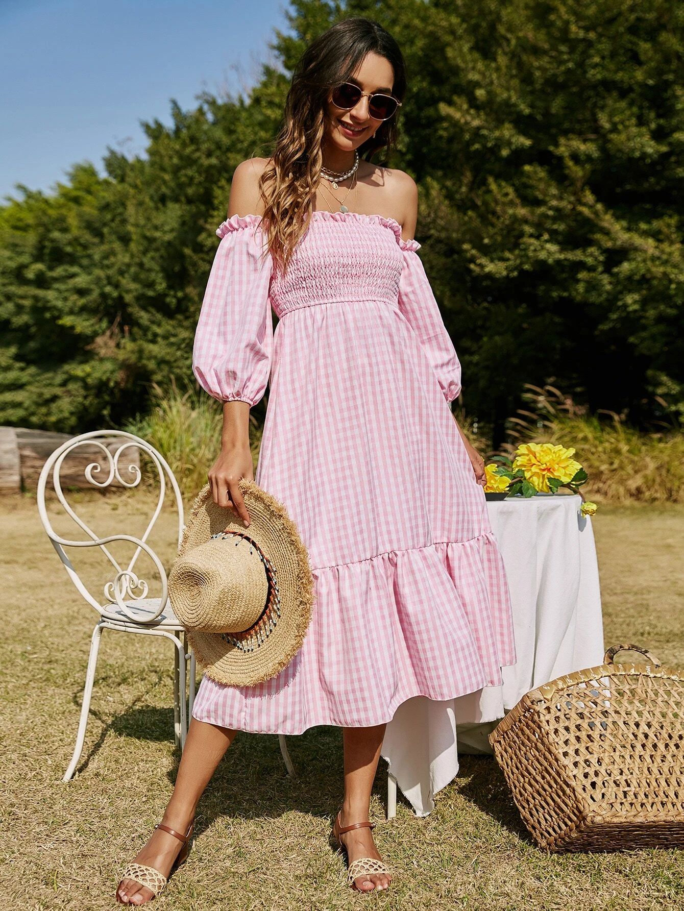 Frill Off Shoulder Shirred Bodice Ruffle Hem Striped Dress | SHEIN