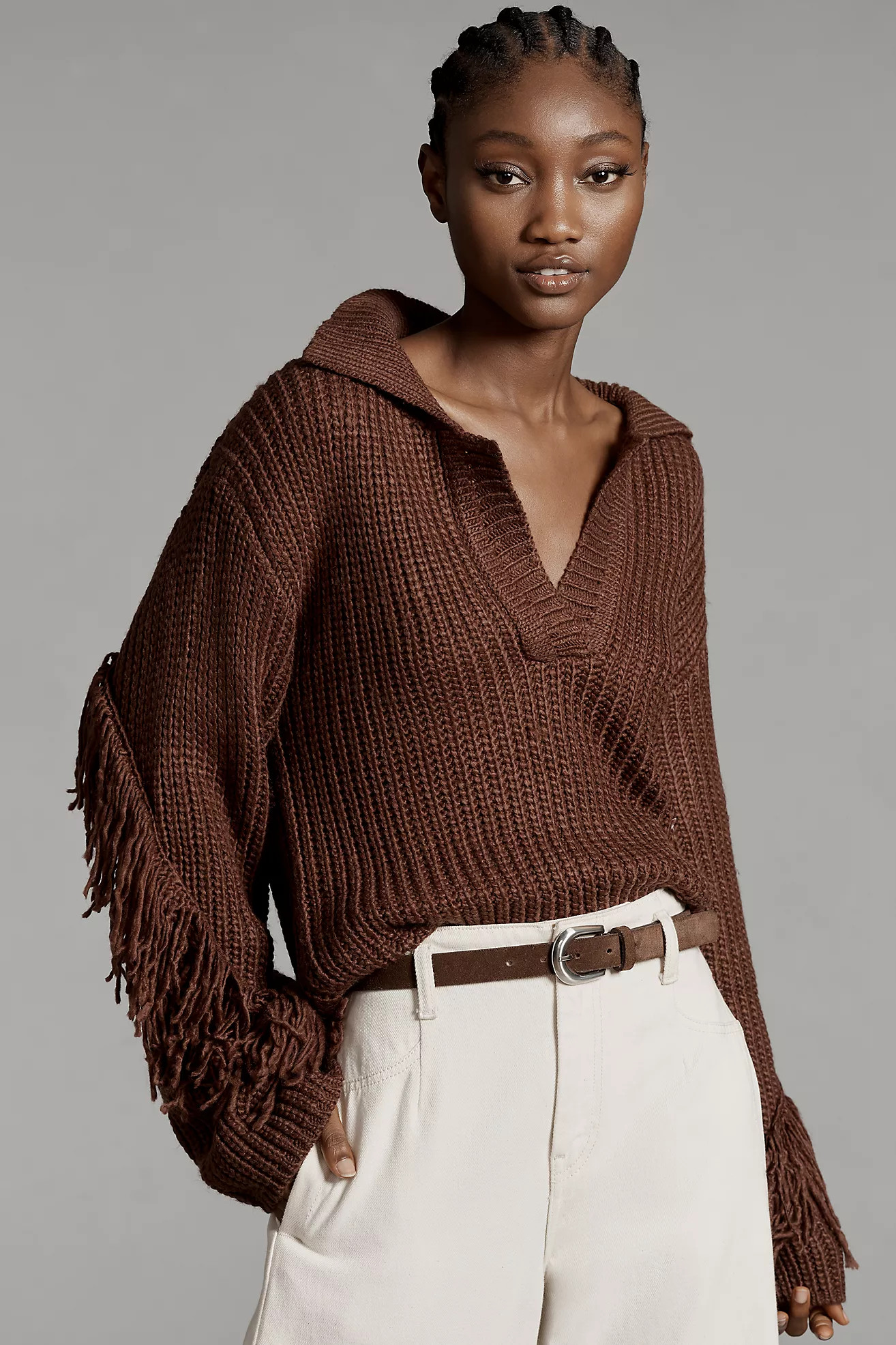 En Elly Collared V-Neck Fringe Sweater | Anthropologie (US)
