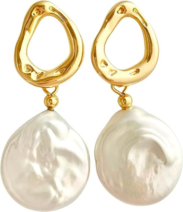 AnnChbpl Baroque pearl earrings for Women girl cultured freshwater Pearl Stud hoop square stateme... | Amazon (US)