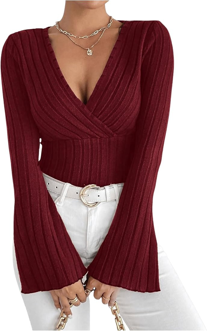 SOLY HUX Women's Deep V Neck Long Bell Sleeve Tshirts Ribbed Slim Fit Tee Shirt Tops | Amazon (US)