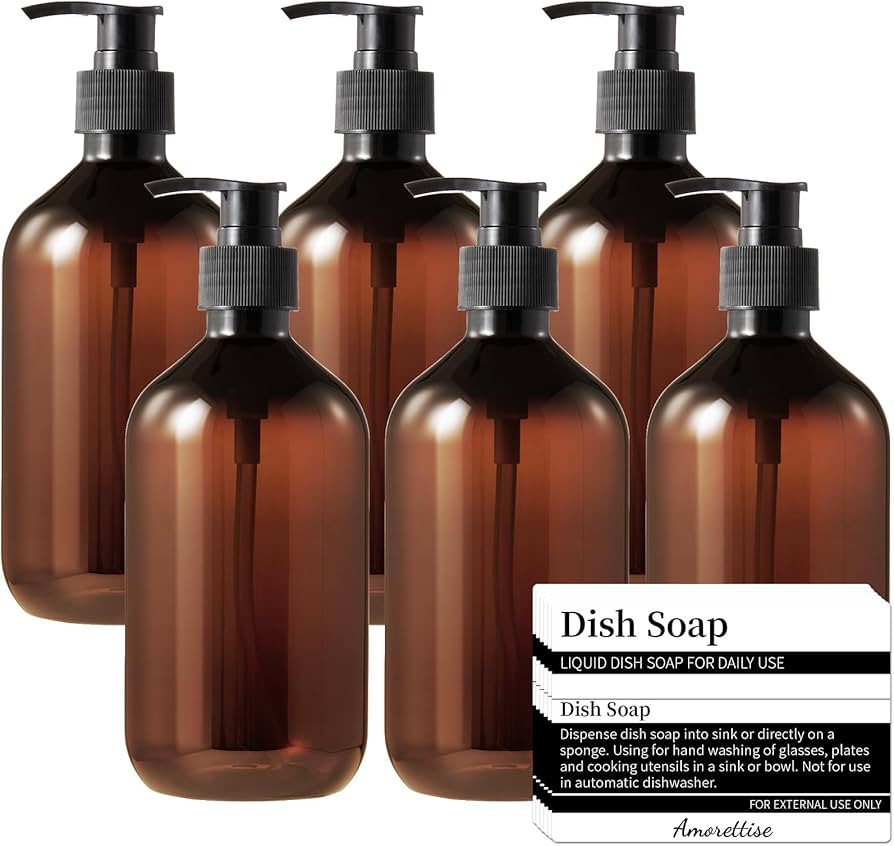 6 Pack Plastic Pump Bottles Dispenser, 16oz/500ml Empty Cylinder Shampoo Soap Dispenser, Refillab... | Amazon (US)