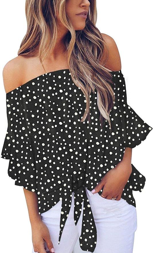 Asvivid Womens Summer Floral Pinted Off The Shoulder Tops 3 4 Flare Sleeve Tie Knot T-Shirt Blous... | Amazon (US)