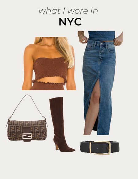 NYC OOTD ~ revolve ribbed brown crop top, bohme denim skirt and Vince chamuyo brown suede boots #ltkshoecrush #newyork  

#LTKSeasonal #LTKunder100 #LTKtravel