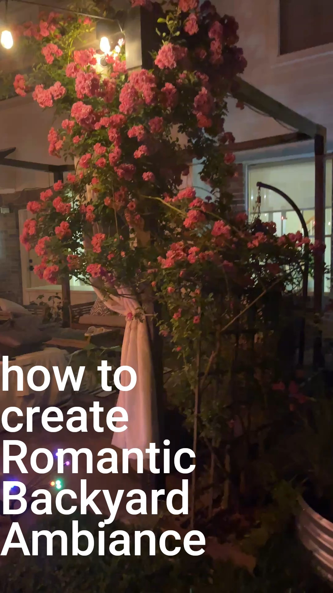 This is how to create a romantic backyard ambiance 🌙 
• Outdoor pergola
• Waterproof curtains for privacy under the gazebo shade sail. 
• Plant climbing flowers that thrive in your region. Peggy Martin roses are a winner for me here in zone 9 Houston Texas area. They bloom with a flush of pink roses every spring! 
• Add dimmable outdoor string lights and  a smart plug to control them. 

#LTKHome #LTKSeasonal