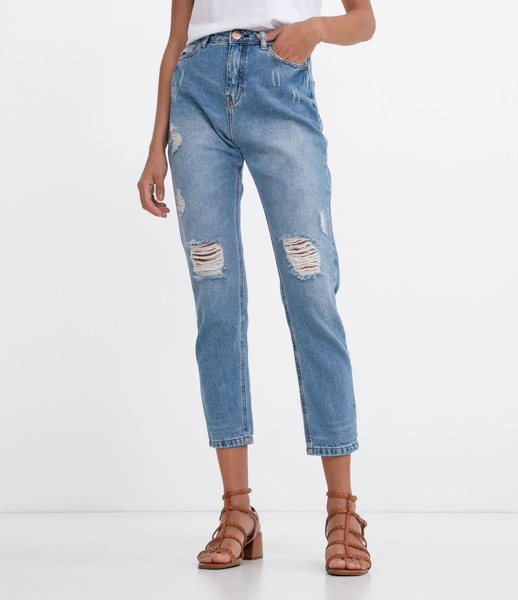 Calça Mom Jeans Lisa com Puídos Azul - Lojas Renner | Lojas Renner BR