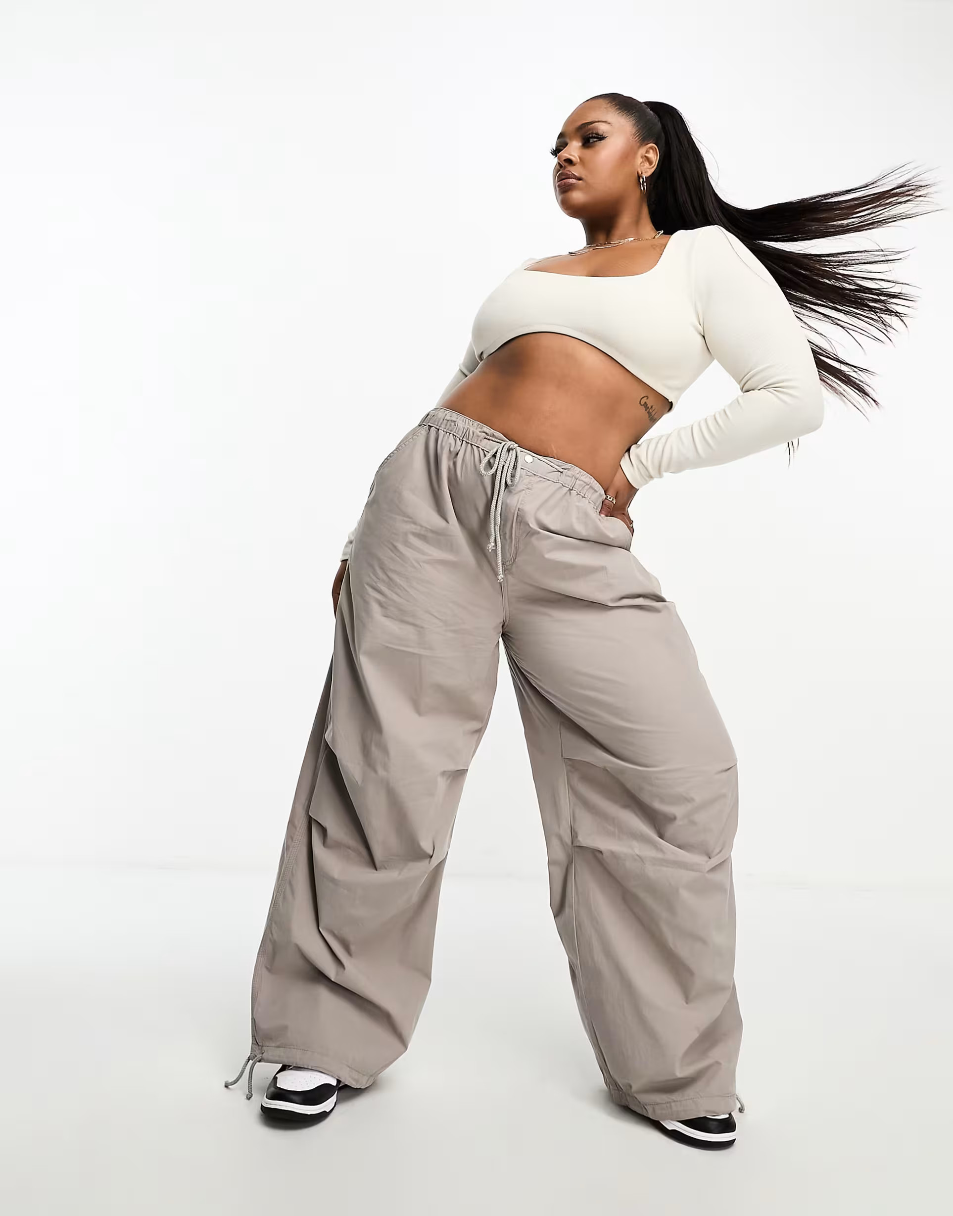 ASOS DESIGN Curve parachute cargo pants with tie waist in washed sand | ASOS (Global)