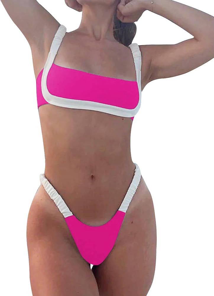 WODECASA Women's Colorblock Bikini Set Square Neck High Cut Cheeky Sexy Two Piece Swimsuit Bathin... | Amazon (US)