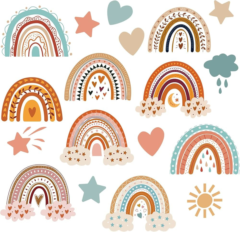 90 Pieces Boho Rainbows Hearts Cutouts Bohemian Rainbow Clouds Star Heart Sun Bulletin Board Boho... | Amazon (US)