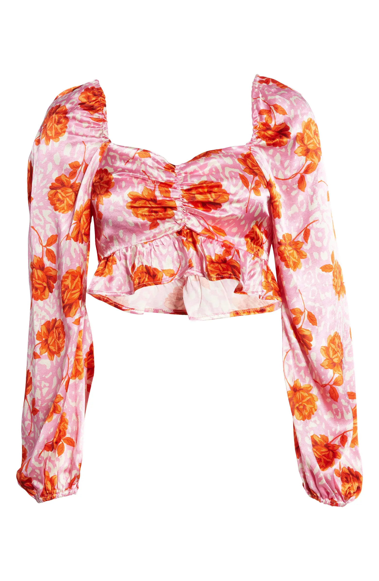 Topshop Mix Print Long Sleeve Satin Crop Top | Nordstrom | Nordstrom