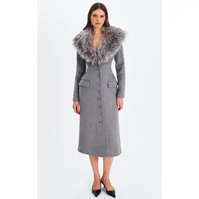 Miss Circle Faye Wool Blend Single-Breasted Coat with Removable Faux Fur Collar in Grey at Nordstrom, Size Small | Nordstrom