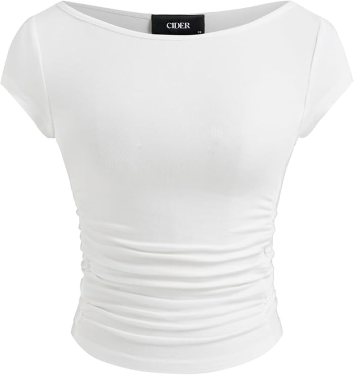 CIDER Women Ruched Crop Top Cap Sleeve Tee Boat Neck Fitted T Shirts | Amazon (US)