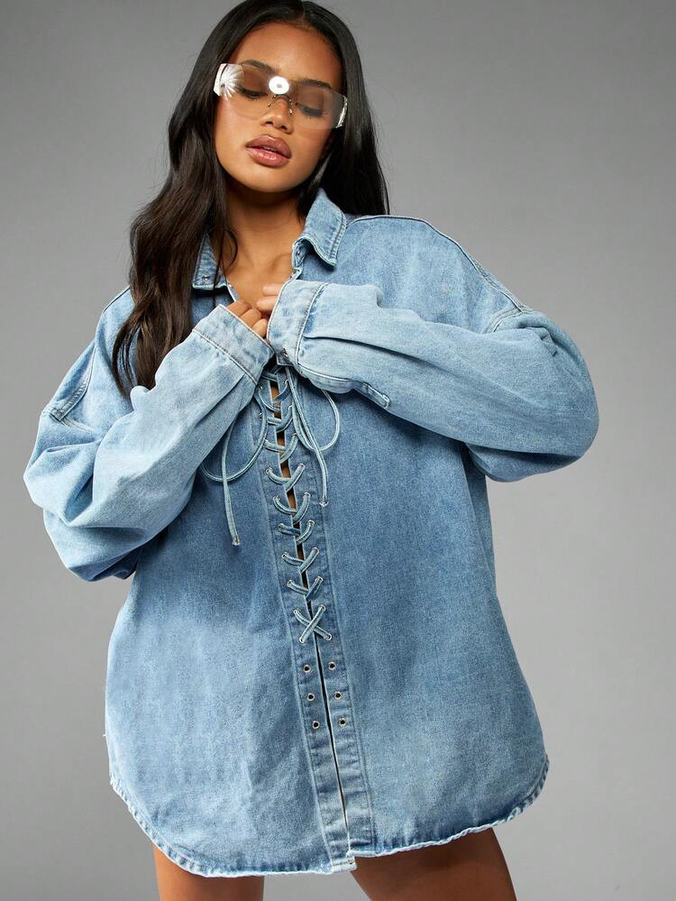 MissGuided Oversized Denim Shirt With Lace Up | SHEIN