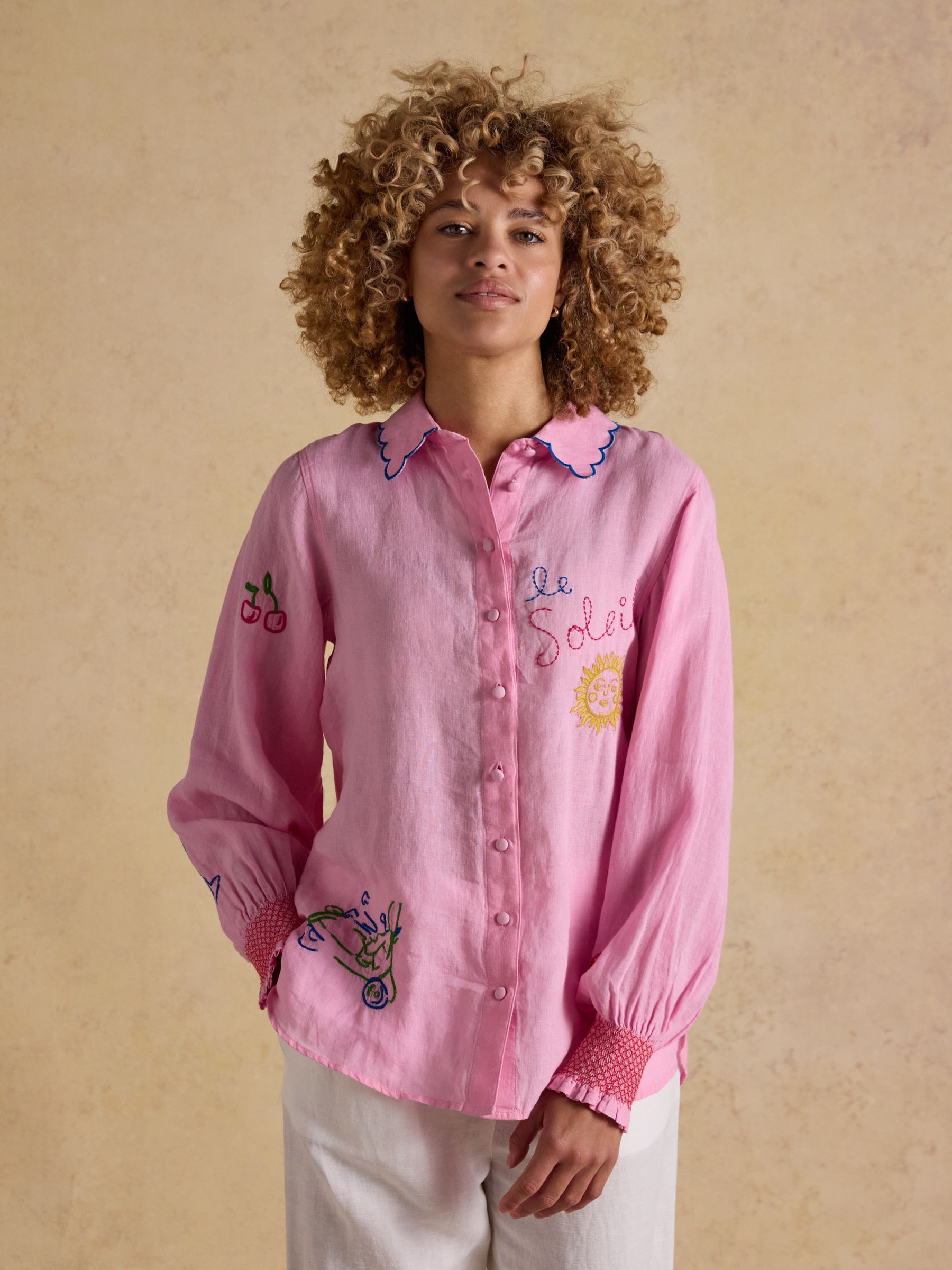 Orla Pink Embroidered Icons Pure Linen Long Sleeve Shirt | Joules | Joules