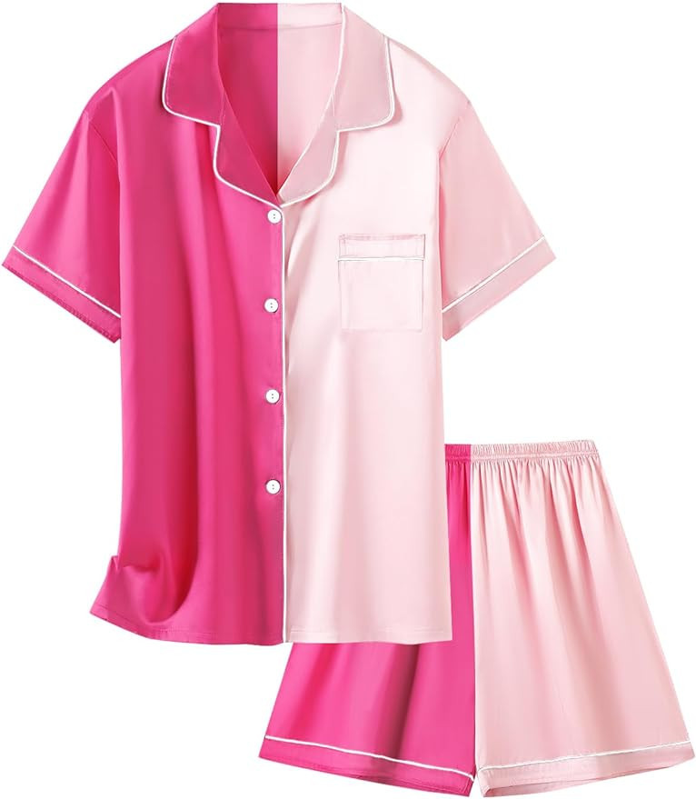 Schbbbta Girls & Women Satin Pajamas Set, 2Pj Silk Nightwear Button-Down Sleepwear for Teen Kid, ... | Amazon (US)