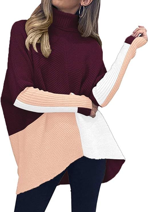 Caracilia Womens Turtleneck Long Sleeve Sweater Irregular Hem Casual Pullover Knit Tops | Amazon (US)