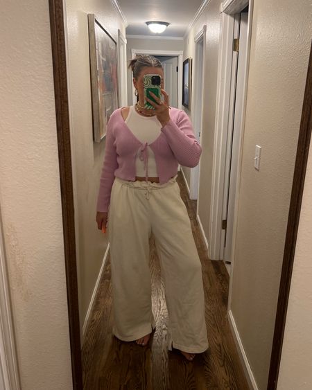 I sized up to a L in both the tank and tie front top from Amazon - size up if between! Sweats tts. I’m 5’ 5”. Love all of it such good quality and cozy!!
