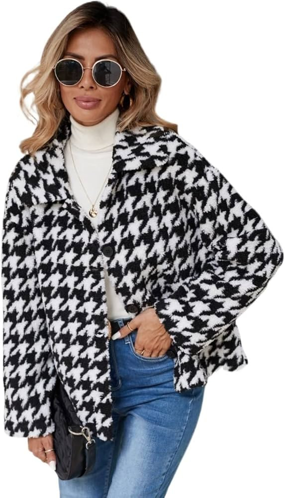 Women's Coats Women's Winter Coats Houndstooth Drop Shoulder Teddy Coat Warmth Special Autumn and... | Amazon (US)