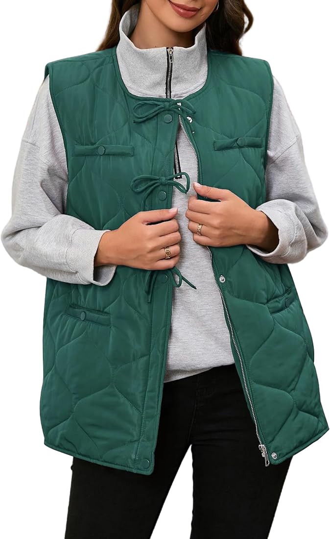 ECOWISH Women Puffer Vest Sleeveless Jacket Button Zip Up Winter Coat Quilted Padded Warm Gilet O... | Amazon (US)