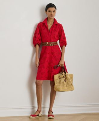 Lauren Ralph Lauren Womens Eyelet Voile Balloon Sleeve Collared Shirt Dress | Macy's