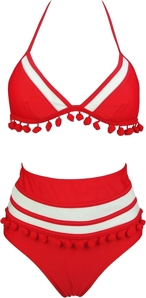 COCOSHIP Women's Mesh Striped High Waist Bikini Set Tassel Trim Top Halter Straps Swimsuit(FBA) | Amazon (US)