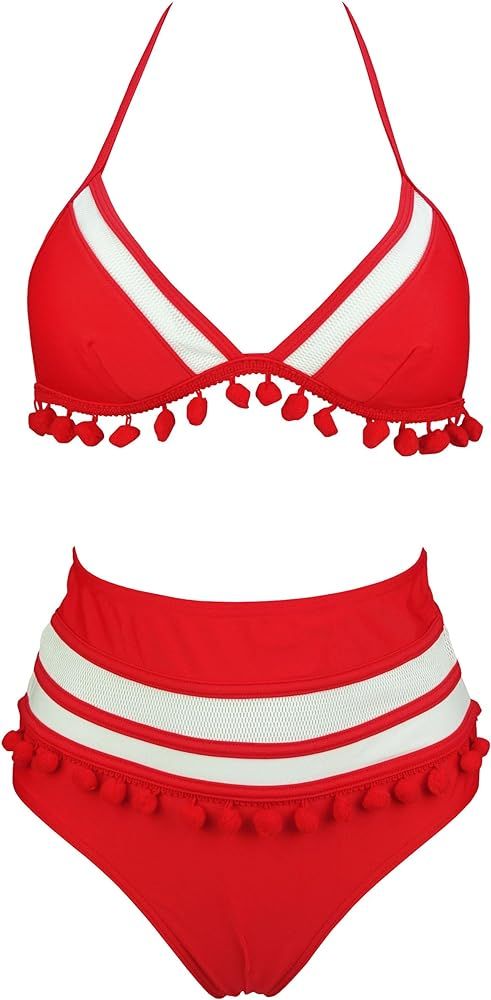 COCOSHIP Women's Mesh Striped High Waist Bikini Set Tassel Trim Top Halter Straps Swimsuit(FBA) | Amazon (US)