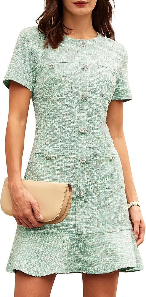 GRACE KARIN Womens Tweed Dress 2025 Summer Short Sleeve Button Bodycon Elegant Work Mini Dress Ca... | Amazon (US)