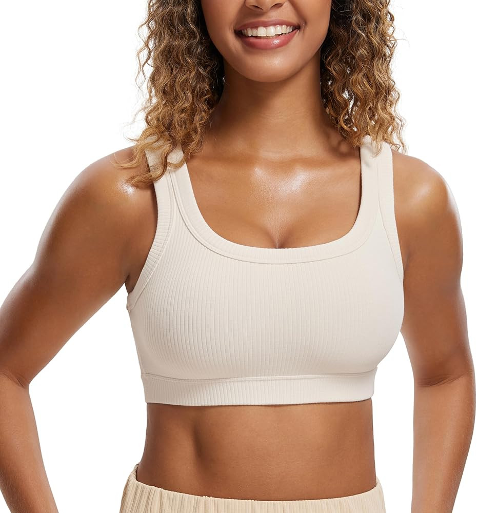 CRZ YOGA Ribbed Sports Bras for Women - U Back Wireless Medium Impact Sports Bra Padded Yoga Work... | Amazon (US)