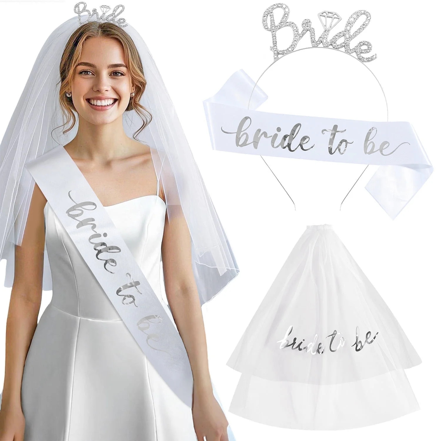 Bride to Be Sash, Tiara, Veil, 3 Pcs Bachelorette Party Decorations, Bridal Shower Gift, Party Fa... | Walmart (US)