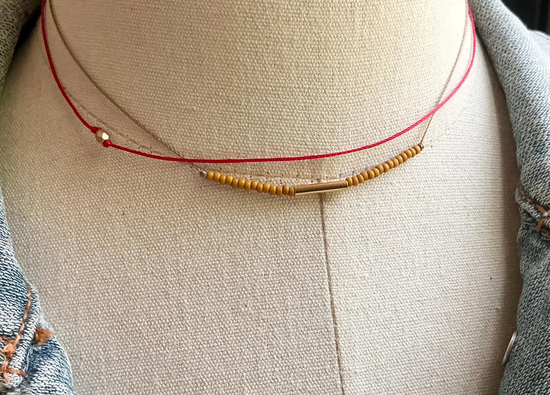 Dainty Beaded Choker: Mustard Yellow Seed Beads, Red Cord Necklace | Etsy (US)