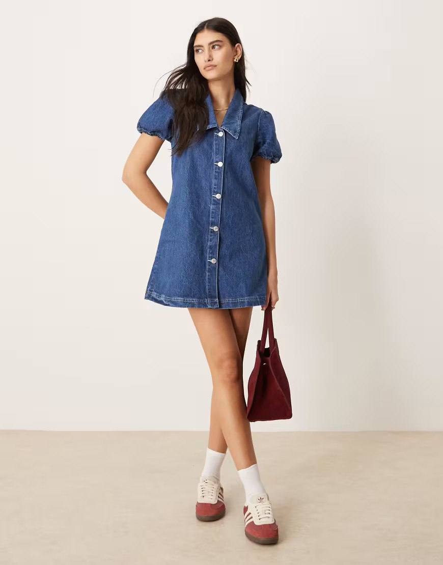 ASOS DESIGN collar dress with puff sleeves in mid blue | ASOS (Global)