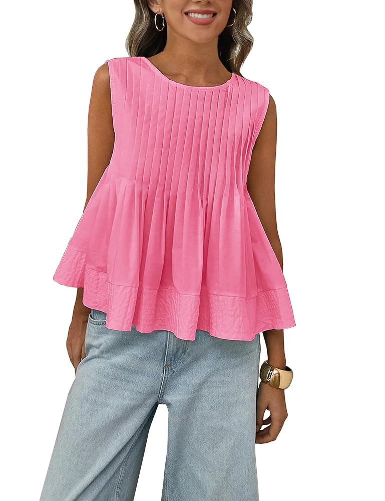 Womens Summer Pleated Peplum Sleeveless Blouse Tank Tops Round Neck Y2K Babydoll Blouse Shirt | Amazon (US)