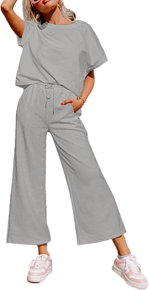 Glamaker Womens 2 Piece Outfits Lounge Sets Short Sleeve Loose Fit Top and Wide Leg Pants Set Swe... | Amazon (US)