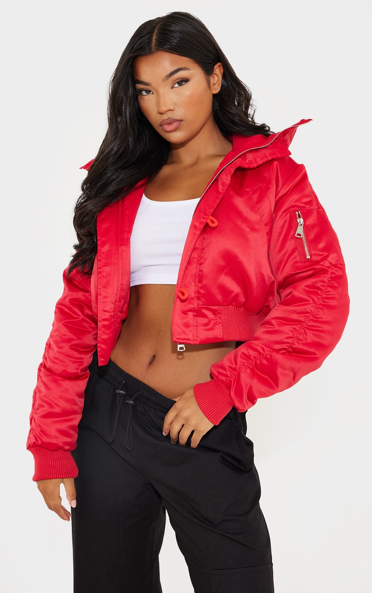 Red Satin Ruched Sleeve Hooded Bomber Jacket | PrettyLittleThing US