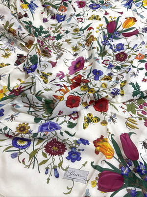 GUCCI Flora Silk Scarf 48" Floral Botanical Print Ivory Multicolor Flowers Italy | eBay US