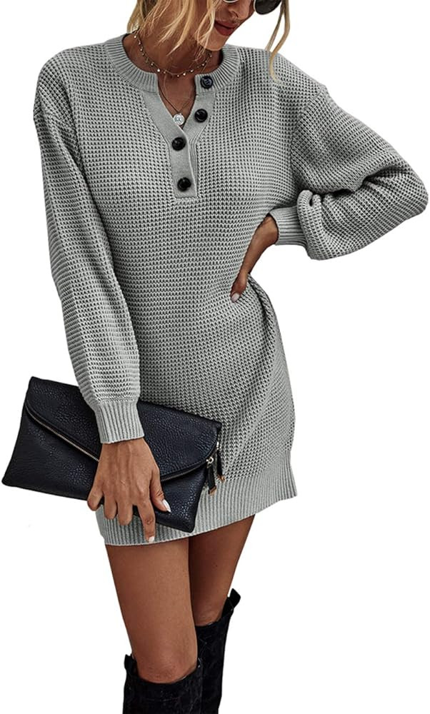 KIRUNDO 2020 Women's Winter Long Sleeve Sweater Dress V Neck Button Henley Long Knit Top Tunic Mi... | Amazon (US)