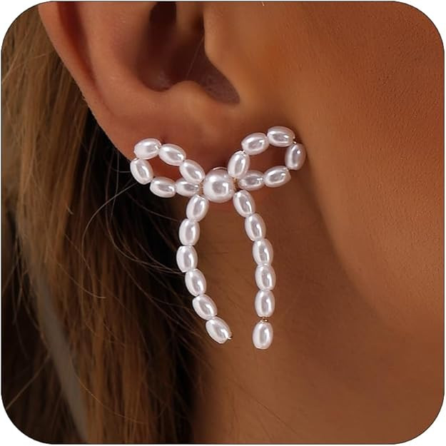 Pearl Bow Earrings for Women Pearl Gold Bow Earrings Bow Dangle Earrings Pearl Dangle Earrings Fa... | Amazon (US)