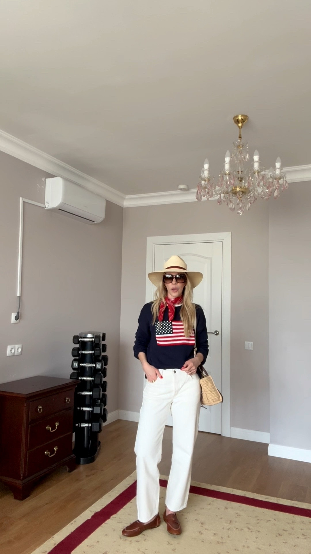 Memorial Day outfit, Fourth of July outfit, American flag sweater, @levi white jeans, leather loafers, @Janessa Leone straw hat

#LTKootd #LTKSeasonal #LTKSaleAlert