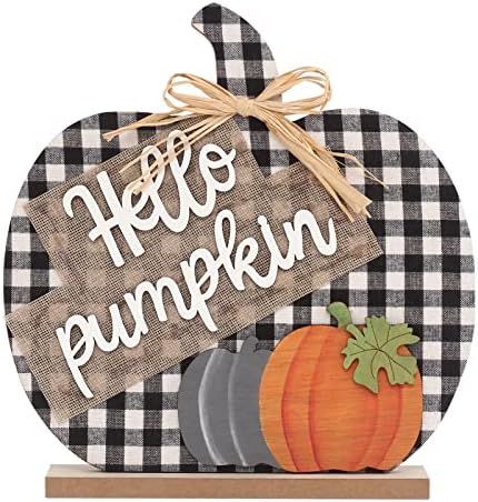 Super Holiday Fall Hello Pumpkin Sign Decorations, 12"/30CM Wooden Autumn Buffalo Plaid Tabletop ... | Amazon (US)