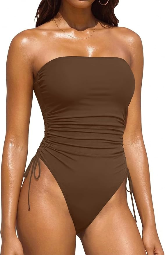Yonique Women Strapless One Piece Swimsuit Tummy Control Bandeau Bathing Suit Cheeky Swimwear | Amazon (US)