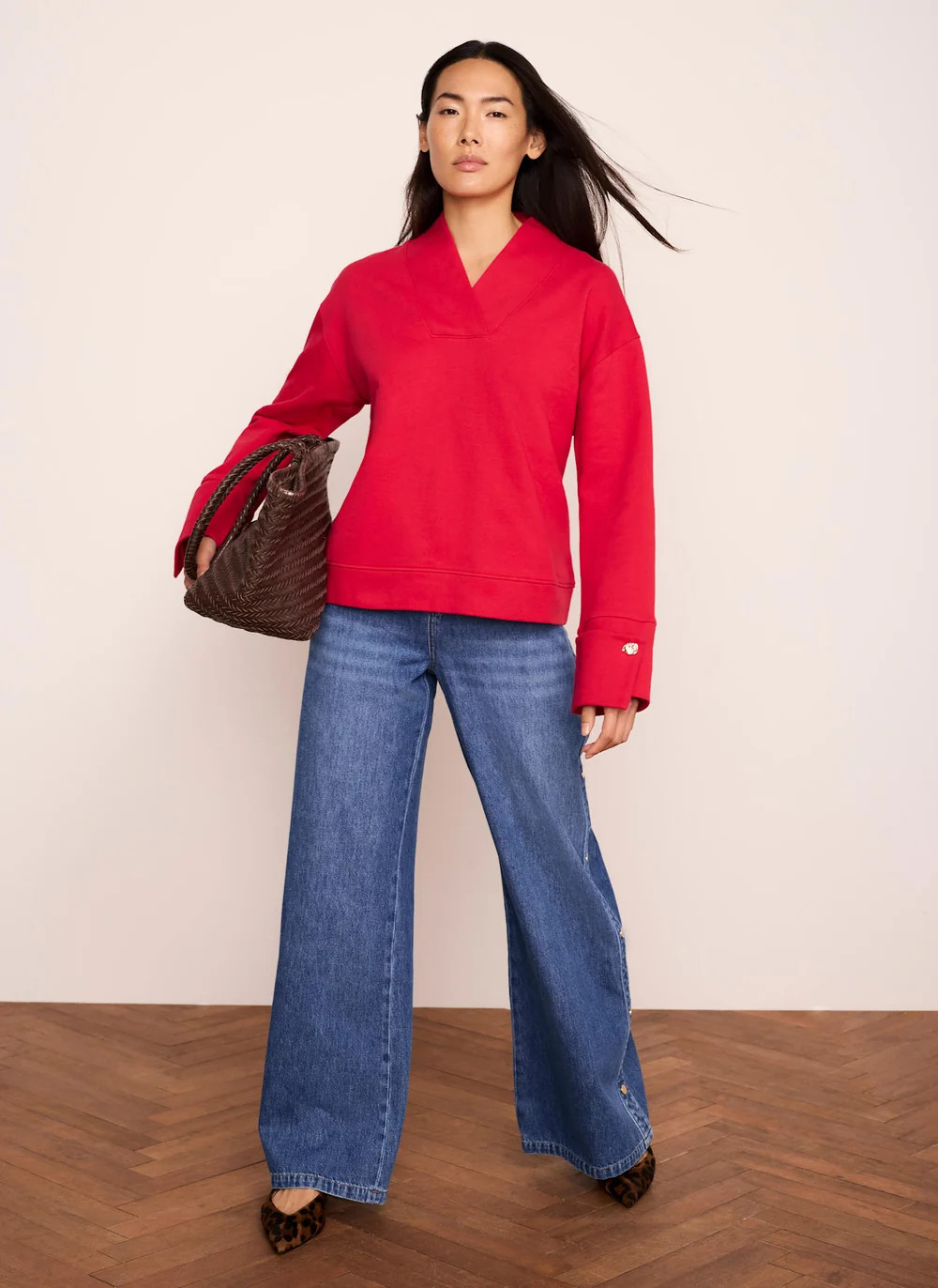 Mid Indigo Popper Detail Wide Leg Jeans | Mint Velvet - ROW