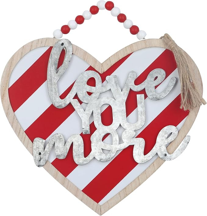 DECSPAS Valentines Day Decor, Heart Sign Wood Hanging Valentines Day Decoration, Red White Stripe... | Amazon (US)