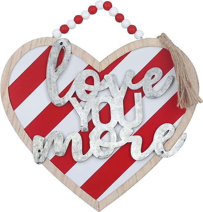 DECSPAS Valentines Day Decor, Heart Sign Wood Hanging Valentines Day Decoration, Red White Stripe... | Amazon (US)