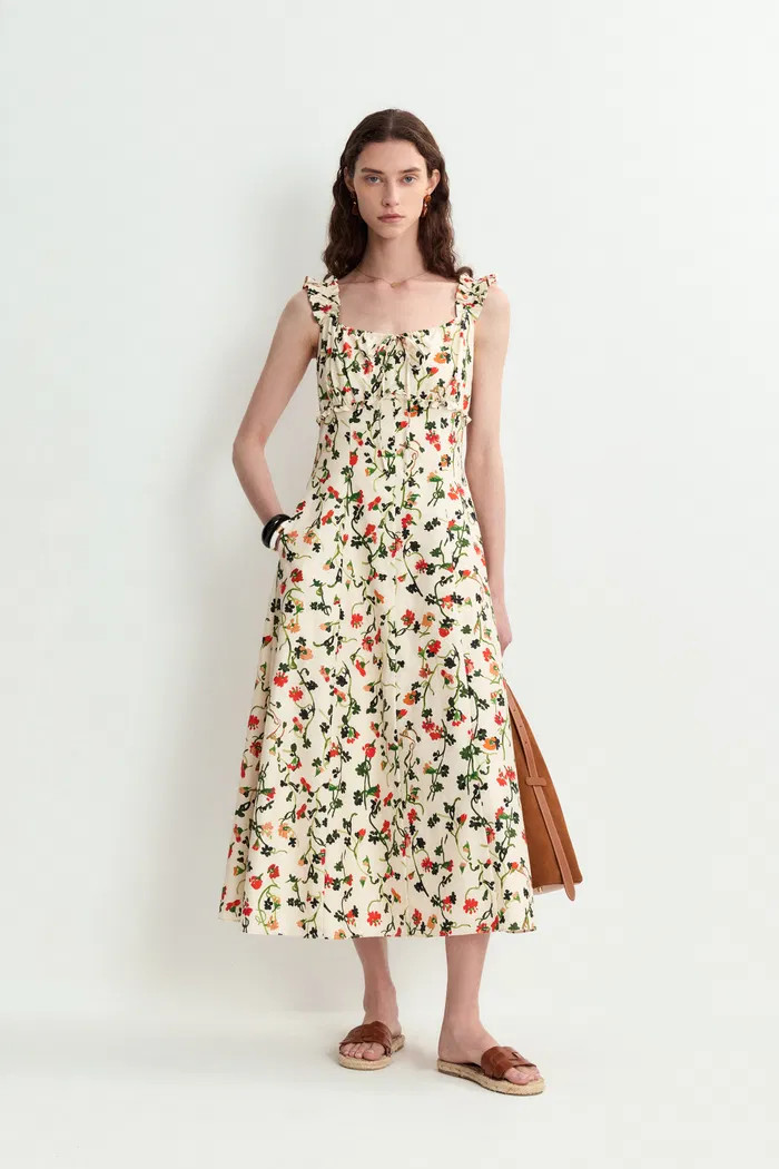 Fleur Rose Vine Ruffled Strap Midi Dress in Silk-Cotton | Fabrique
