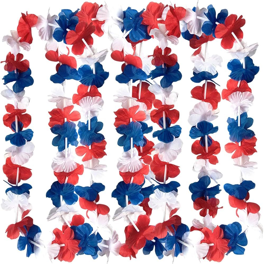50 Piece Patriotic Plastic Red, Blue, and White Flower Leis - Perfect for Fourth of July, Memoria... | Amazon (US)