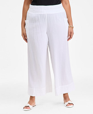 Plus Size Cotton Gauze Smocked-Waist Wide-Leg Pants | Macy's