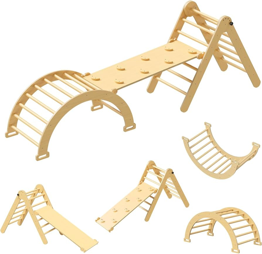 5 in 1 Montessori Pikler Triangle Set Gym, Foldable Pickler-3 Piece Climbing Wooden Indoor Jungle... | Amazon (US)