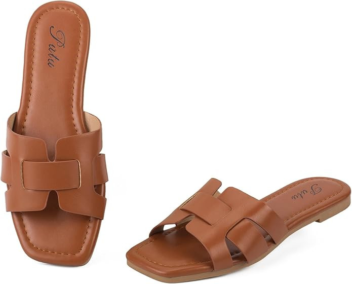 Putu Women's Flat Sandals Dressy Summer Sandals H-Band Slides with Square Open Toe | Amazon (US)